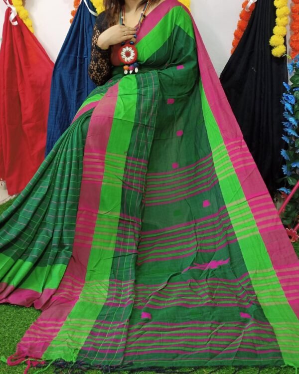 Buti Chek Soft Bottol Green Cotton Saree