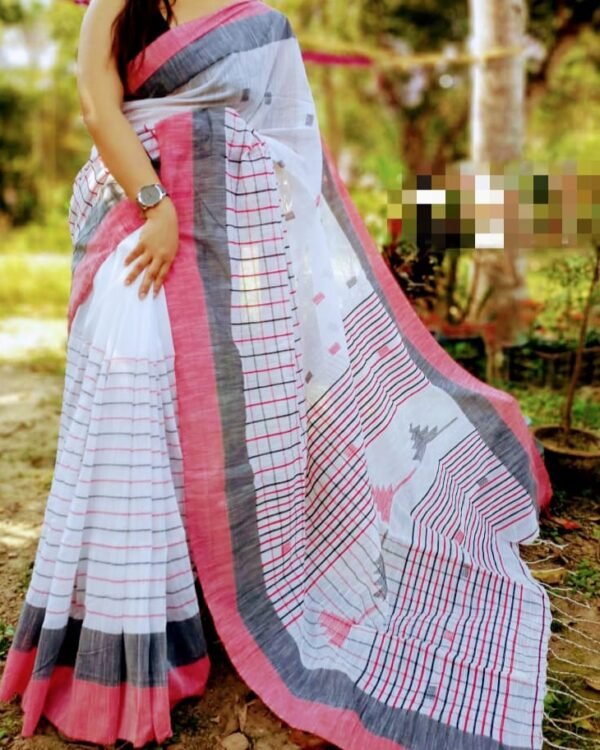 Buti Chek Soft White Red Cotton Saree