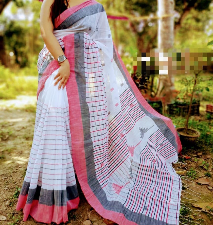 Buti Chek Soft White Red Cotton Saree