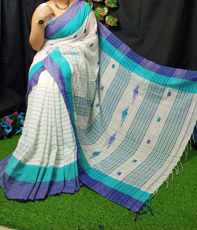 Buti Chek Soft Cream Cotton Saree