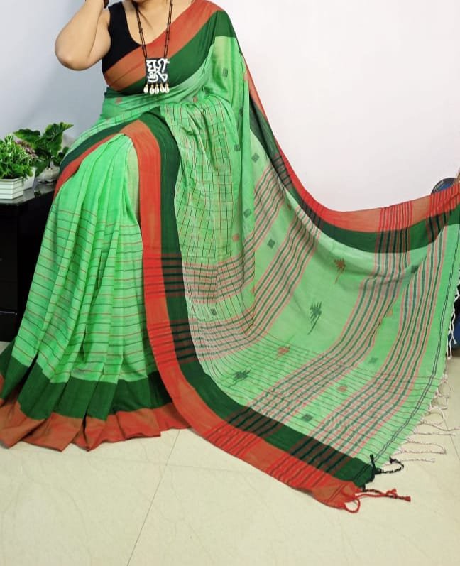 Buti Chek Soft Green Cotton Saree