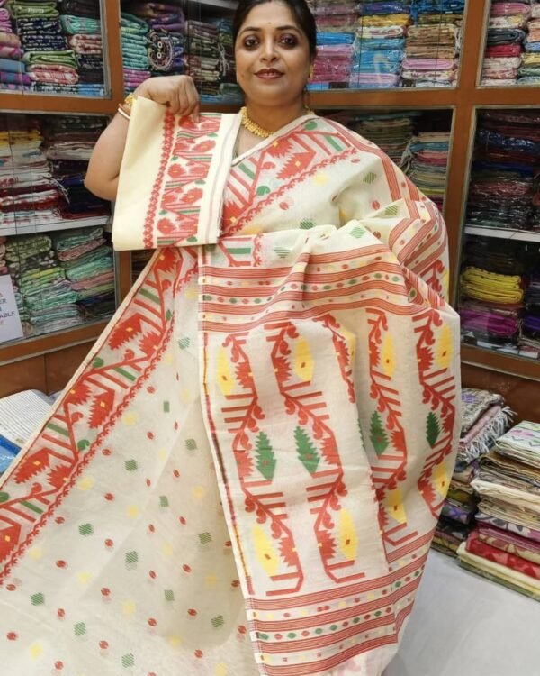 Handloom Dhakai Soft White Red Jamdani Saree