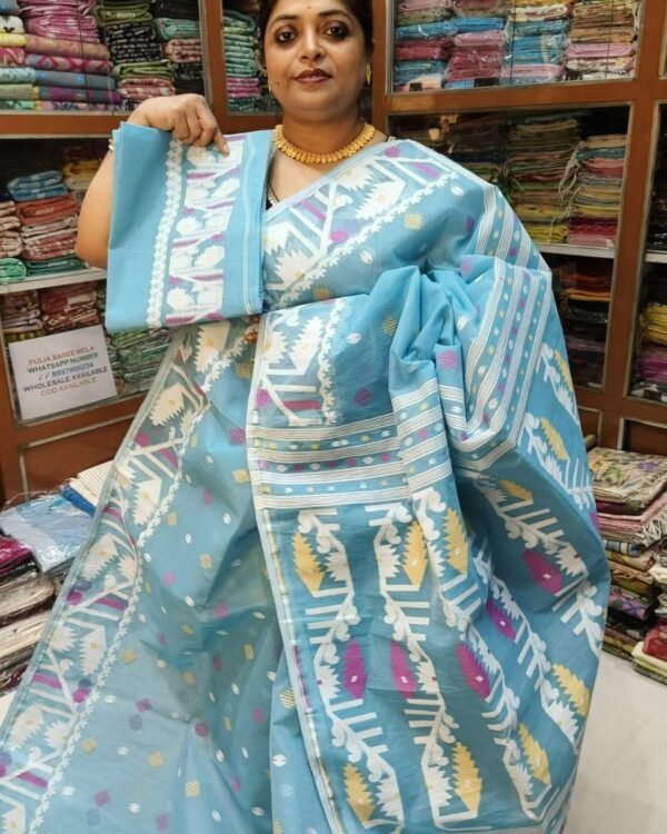 Handloom Dhakai Soft Sky Blue Jamdani Saree