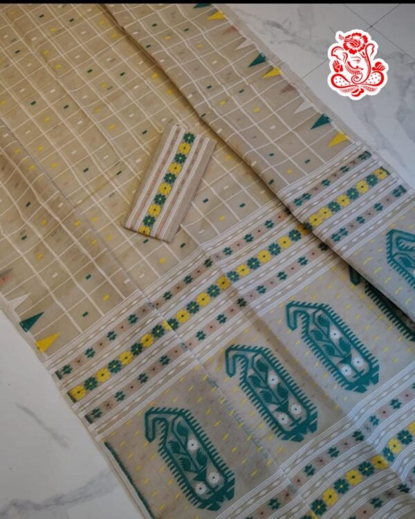 Dat Par Soft Cream Green Jamdani Saree