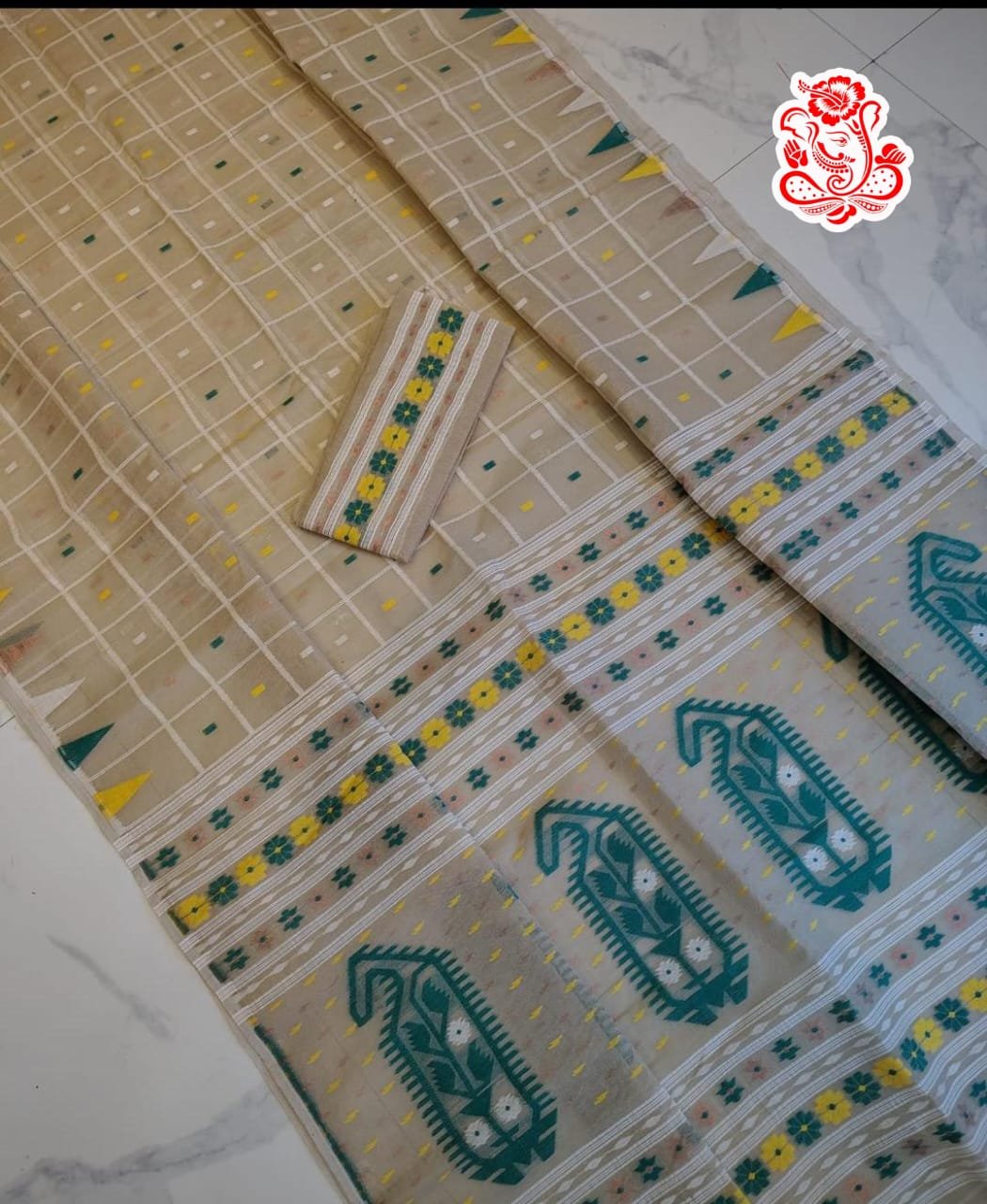 Dat Par Soft Cream Green Jamdani Saree