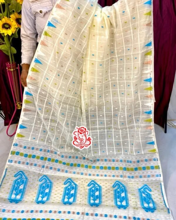 Dat Par Soft Cream Blue Jamdani Saree