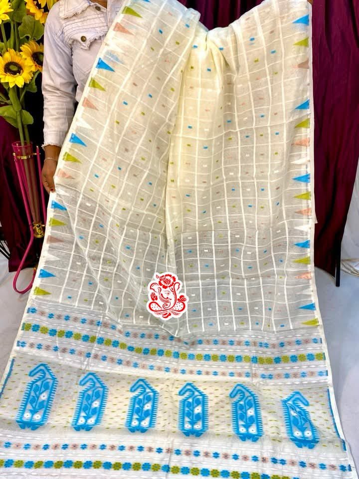 Dat Par Soft Cream Blue Jamdani Saree
