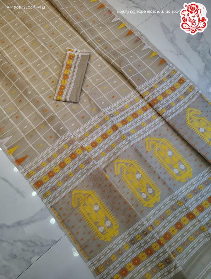 Dat Par Soft Cream Yellow Jamdani Saree