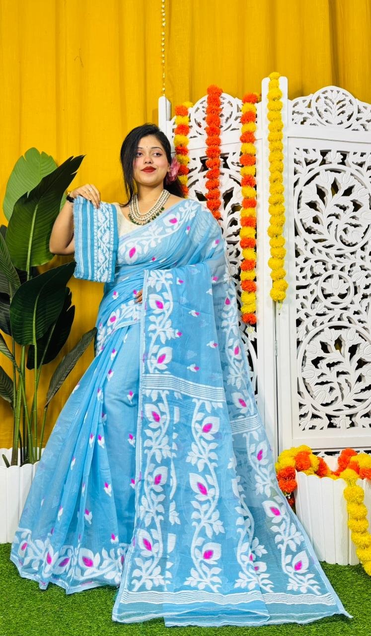Dat Par Soft Sky Blue Jamdani Saree
