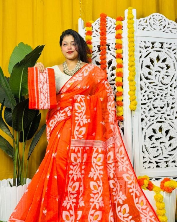 Exclusive Lata Design Orange Soft Jamdani Saree