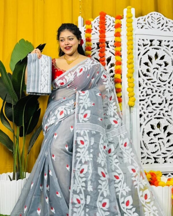 Exclusive Lata Design Grey Soft Jamdani Saree