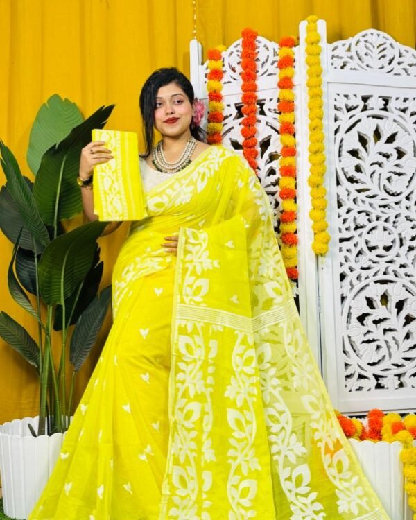 Exclusive Lata Design Lemmon Yellow Soft Jamdani Saree