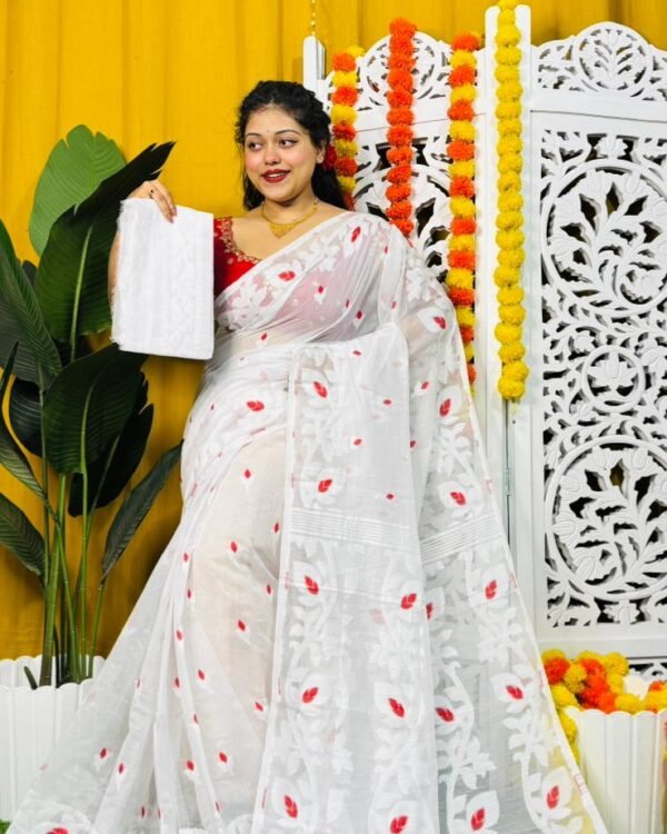 Exclusive Lata Design White Soft Jamdani Saree