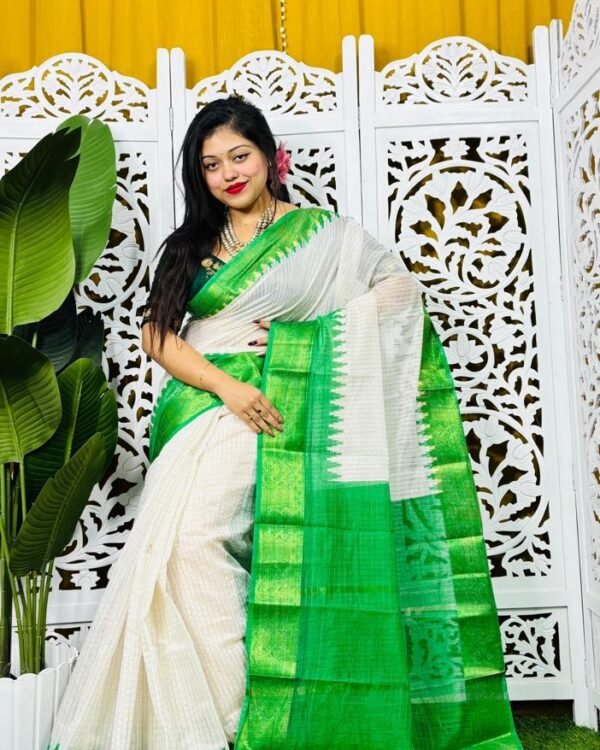 Madhurai Soft White Green Cotton Saree