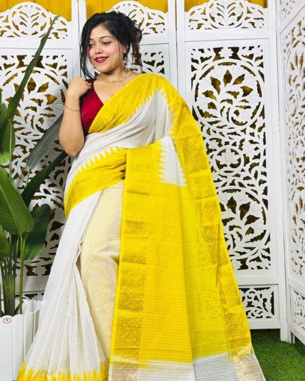 Madhurai Soft White Yellow Cotton Saree