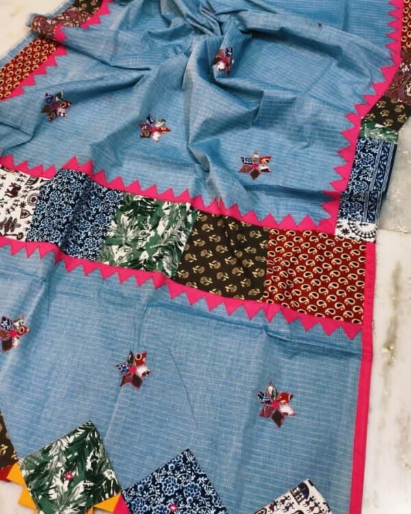 Pure Cotton Blue Ajrak Zori Check Mix match Work Saree