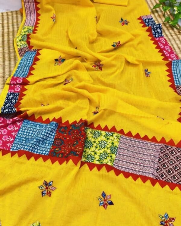 Pure Cotton Light Yellow Ajrak Zori Check Mix match Work Saree