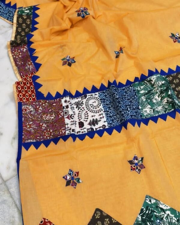 Pure Cotton Yellow Ajrak Zori Check Mix match Work Saree