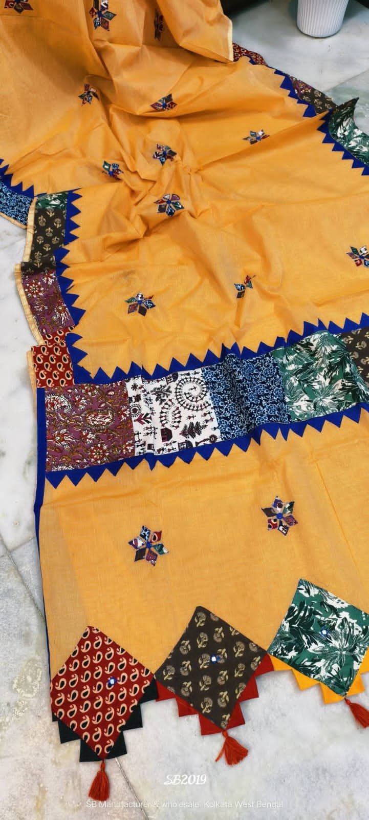 Pure Cotton Yellow Ajrak Zori Check Mix match Work Saree