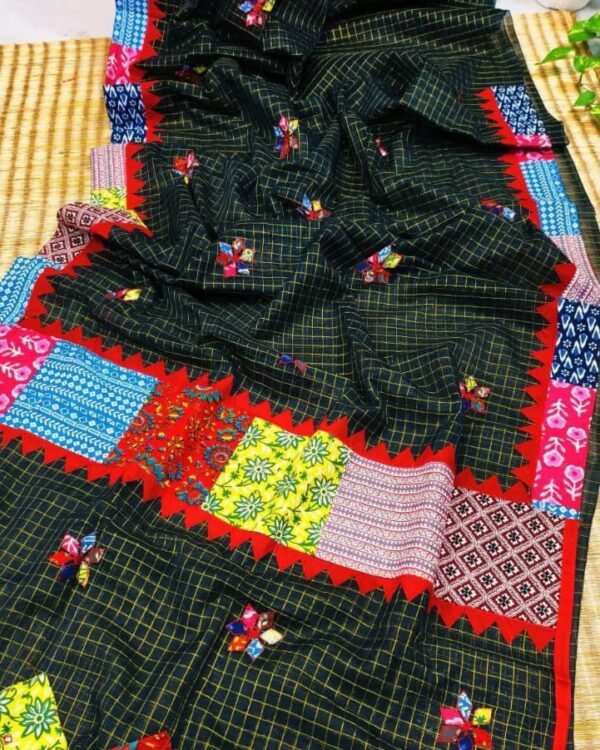 Pure Cotton Black Ajrak Zori Check Mix match Work Saree