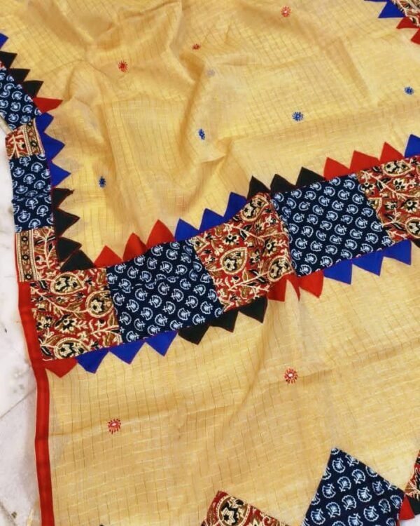 Pure Cotton Ghiye Ajrak Zori Check Mix match Work Saree