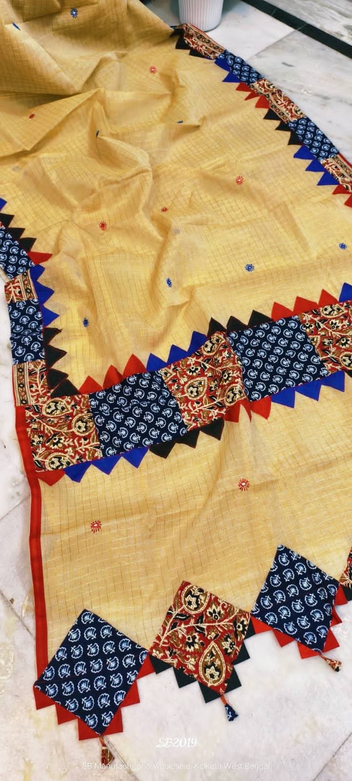 Pure Cotton Ghiye Ajrak Zori Check Mix match Work Saree