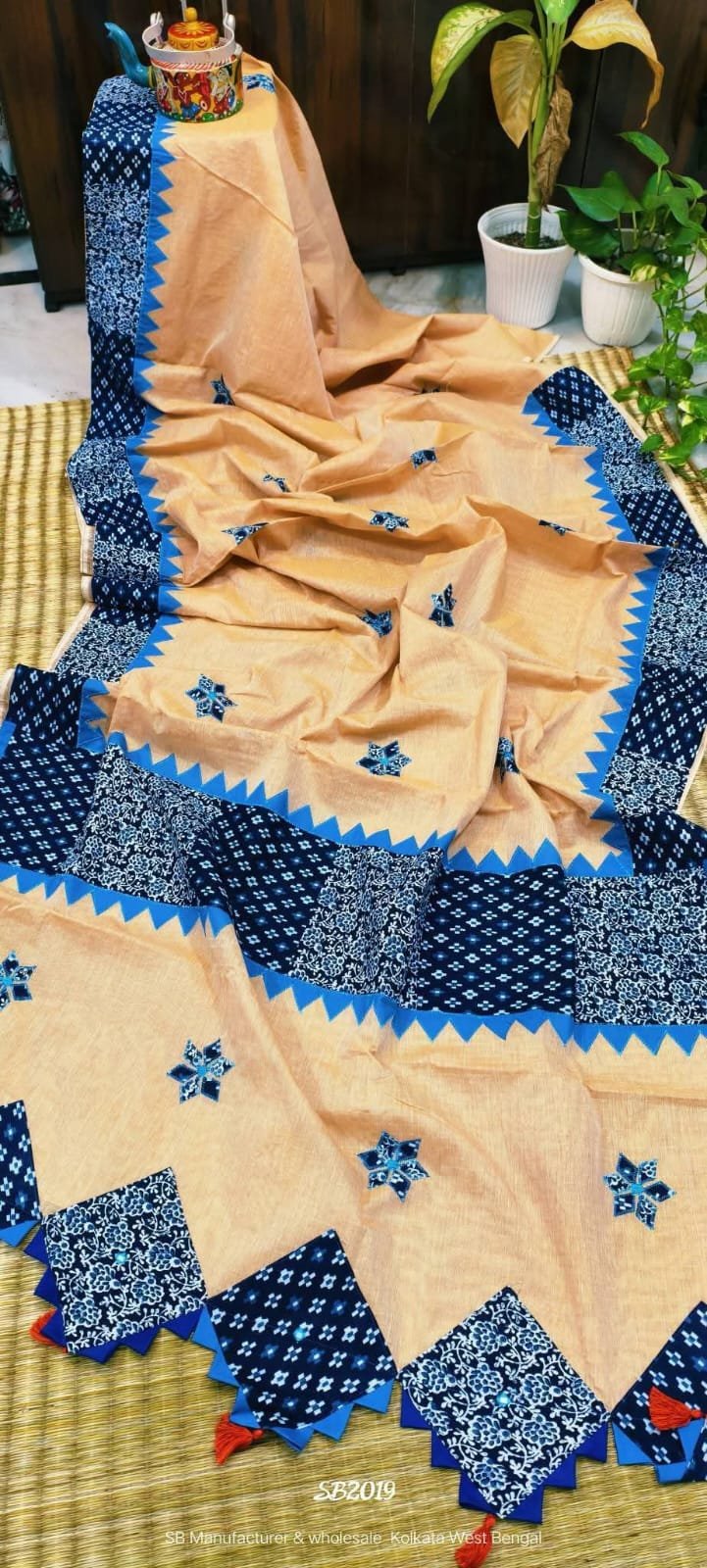 Pure Cotton Ghiye Blue Ajrak Zori Check Mix match Work Saree