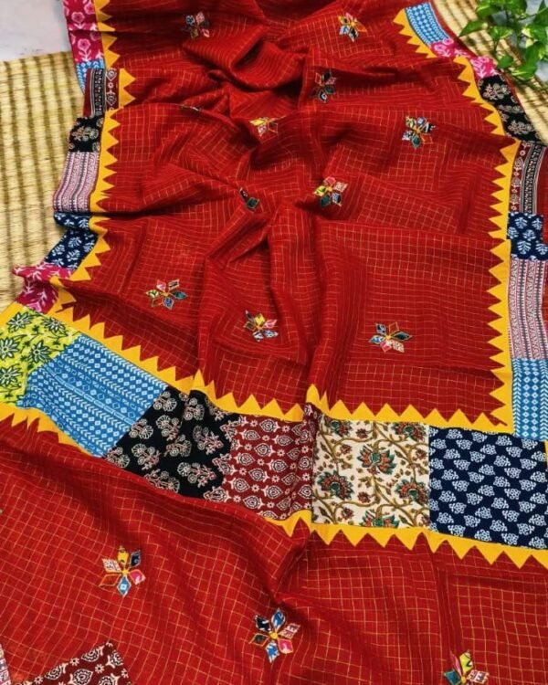 Pure Cotton Red Ajrak Zori Check Mix match Work Saree