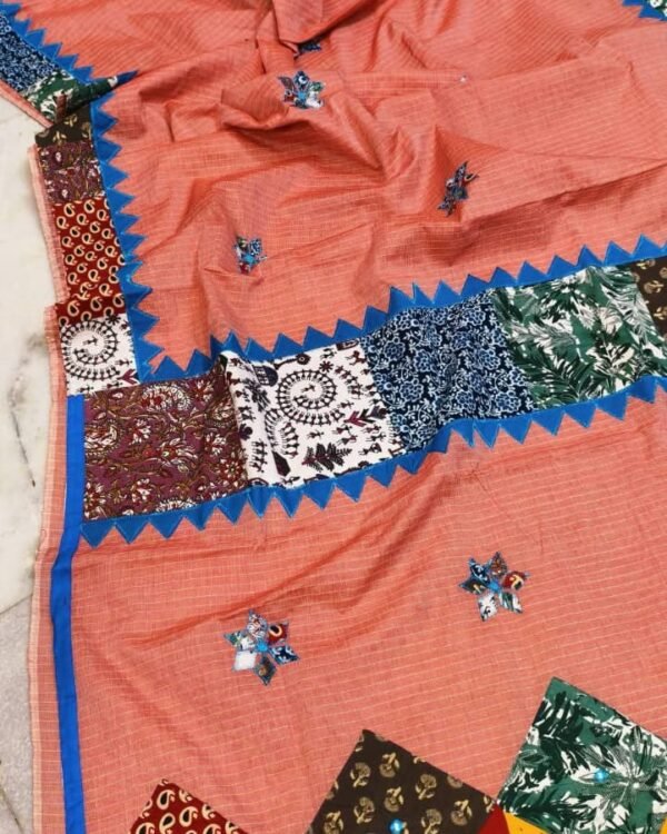 Pure Cotton Peach Ajrak Zori Check Mix match Work Saree