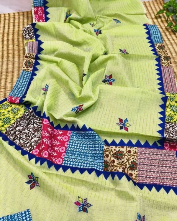 Pure Cotton Olive Ajrak Zori Check Mix match Work Saree