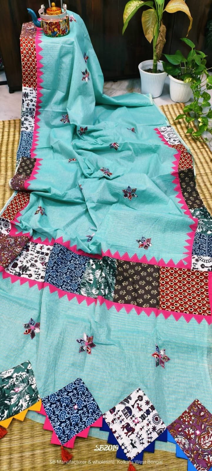 Pure Cotton She Green Ajrak Zori Check Mix match Work Saree