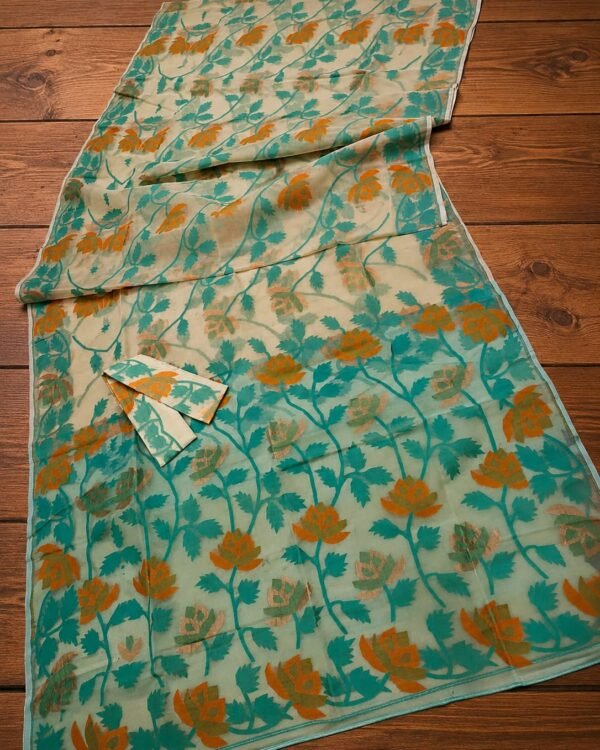 Lata Kumjo Soft Cream Green Jamdani Saree