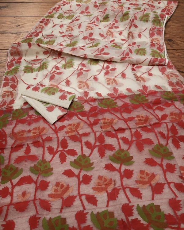Lata Kumjo Soft Cream Red Jamdani Saree