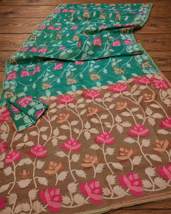 Lata Kumjo Soft Green Brown Jamdani Saree