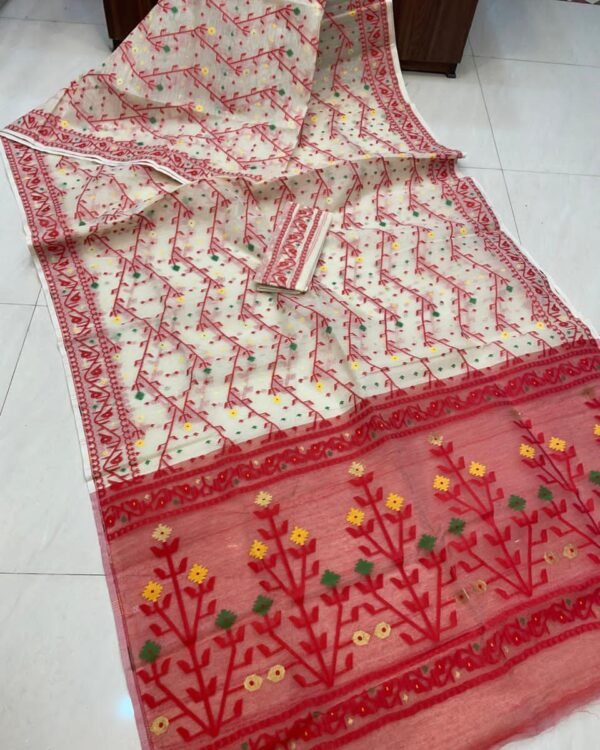 Flower Chain Soft Cream Red Jamdani Saree