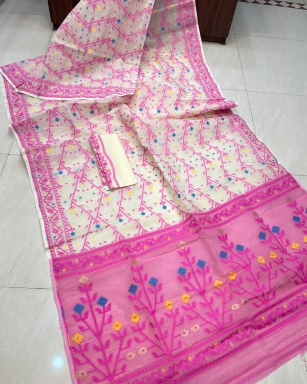 Flower Chain Soft White Pink Jamdani Saree