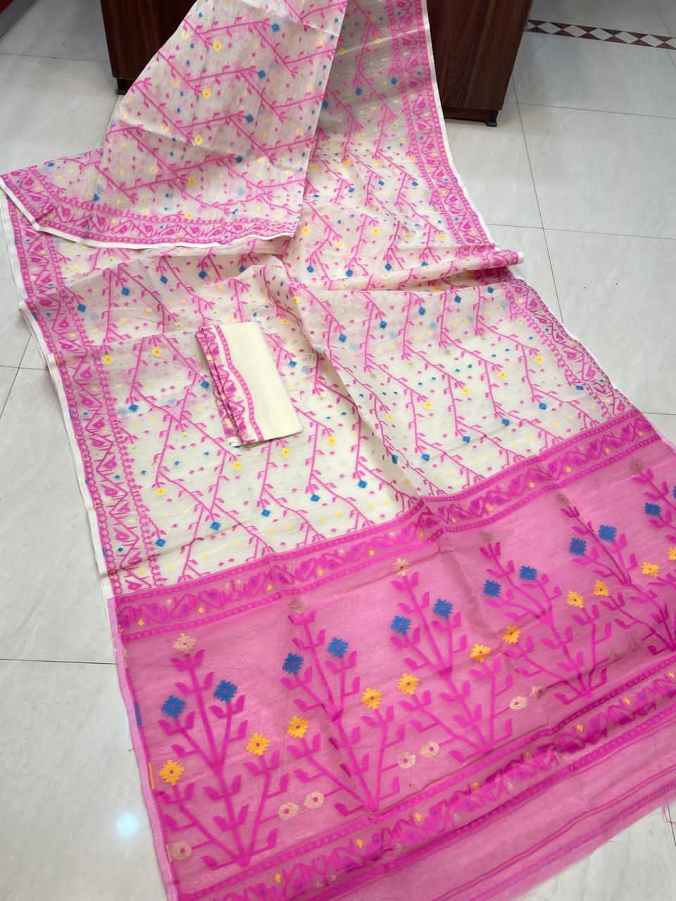 Flower Chain Soft White Pink Jamdani Saree