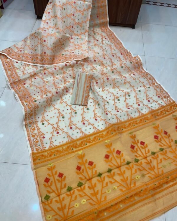 Flower Chain Soft White Horin Jamdani Saree
