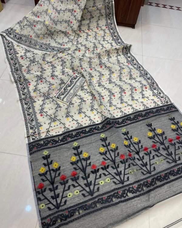 Flower Chain Soft White Black Jamdani Saree