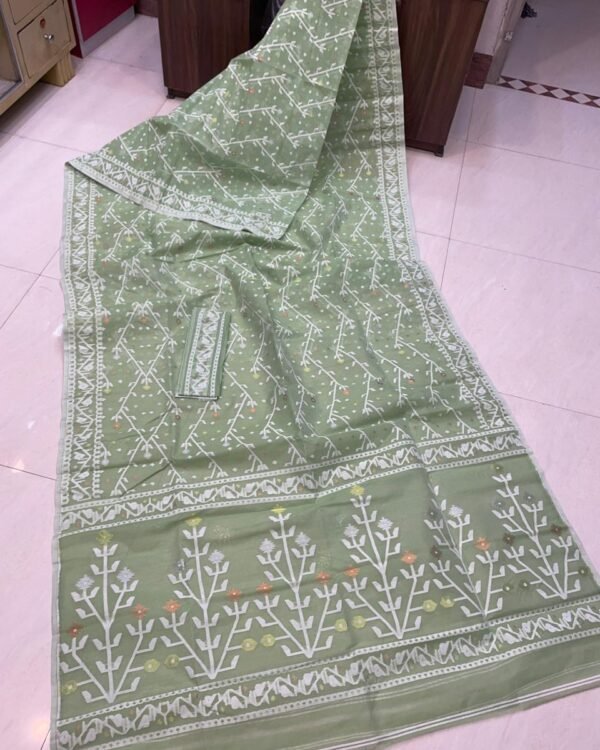 Flower Chain Soft Olive Green Jamdani Saree