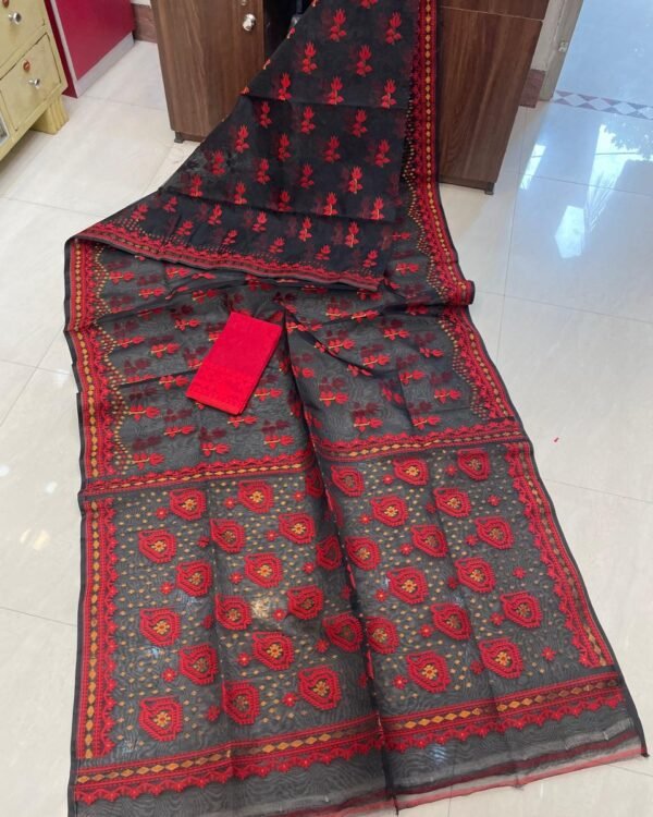 Achol Maya Soft Black Red Jamdani Saree