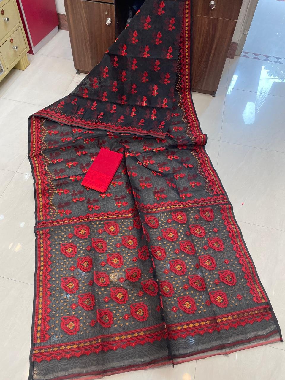 Achol Maya Soft Black Red Jamdani Saree