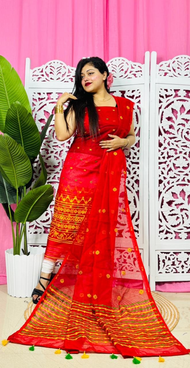 Flower Buti Red Unstitched 2 Piece Jamdani Suit Set