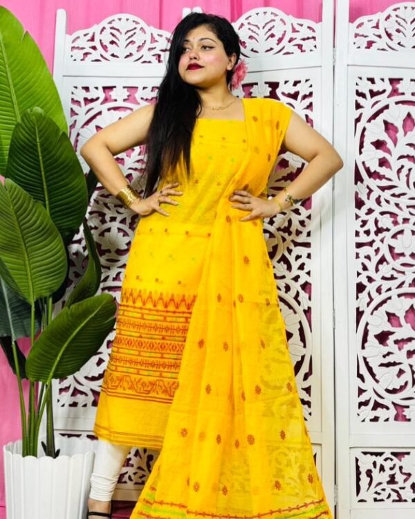 Flower Buti Yellow Unstitched 2 Piece Jamdani Suit Set