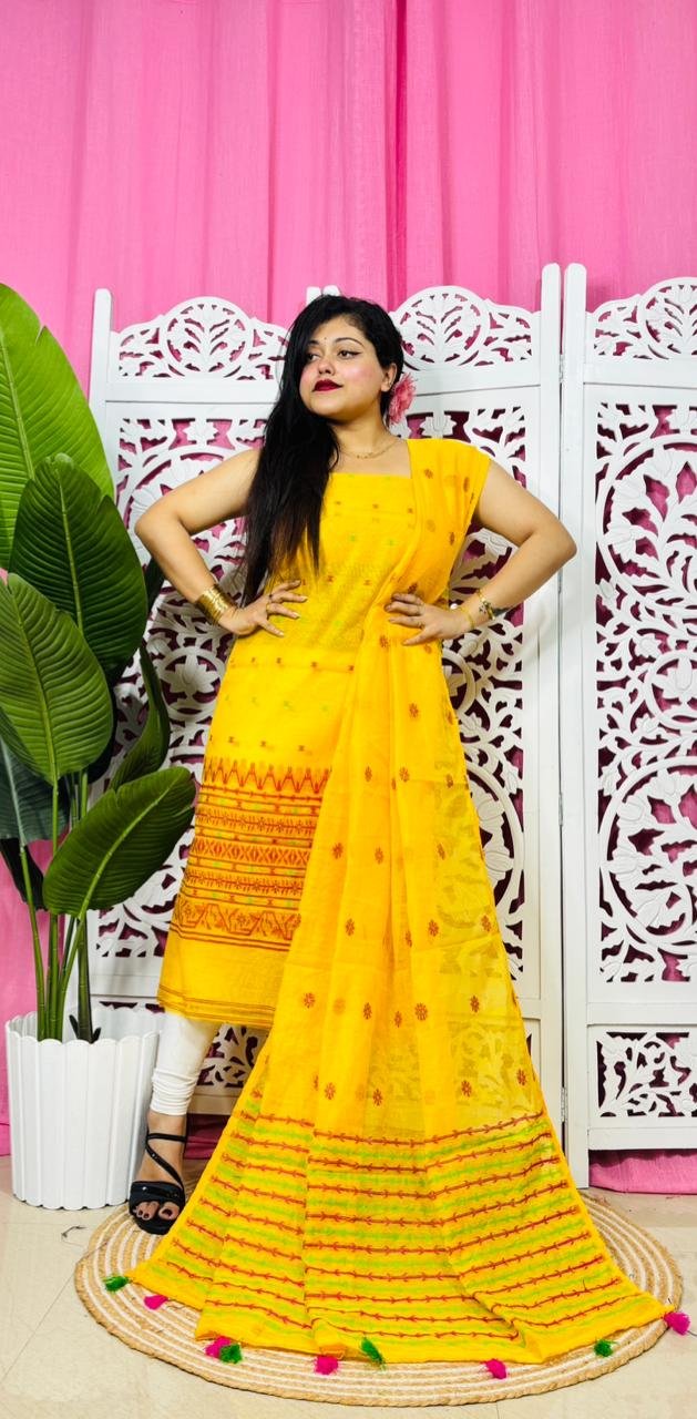 Flower Buti Yellow Unstitched 2 Piece Jamdani Suit Set