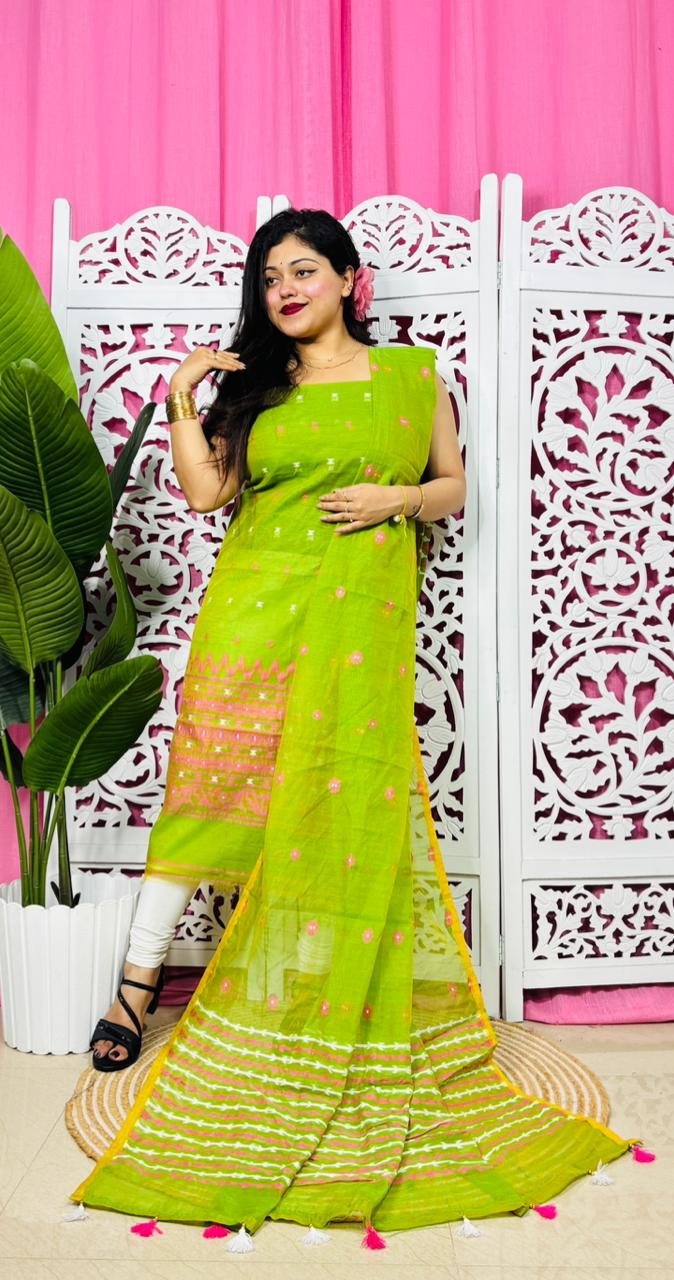 Flower Buti Deep Green Unstitched 2 Piece Jamdani Suit Set