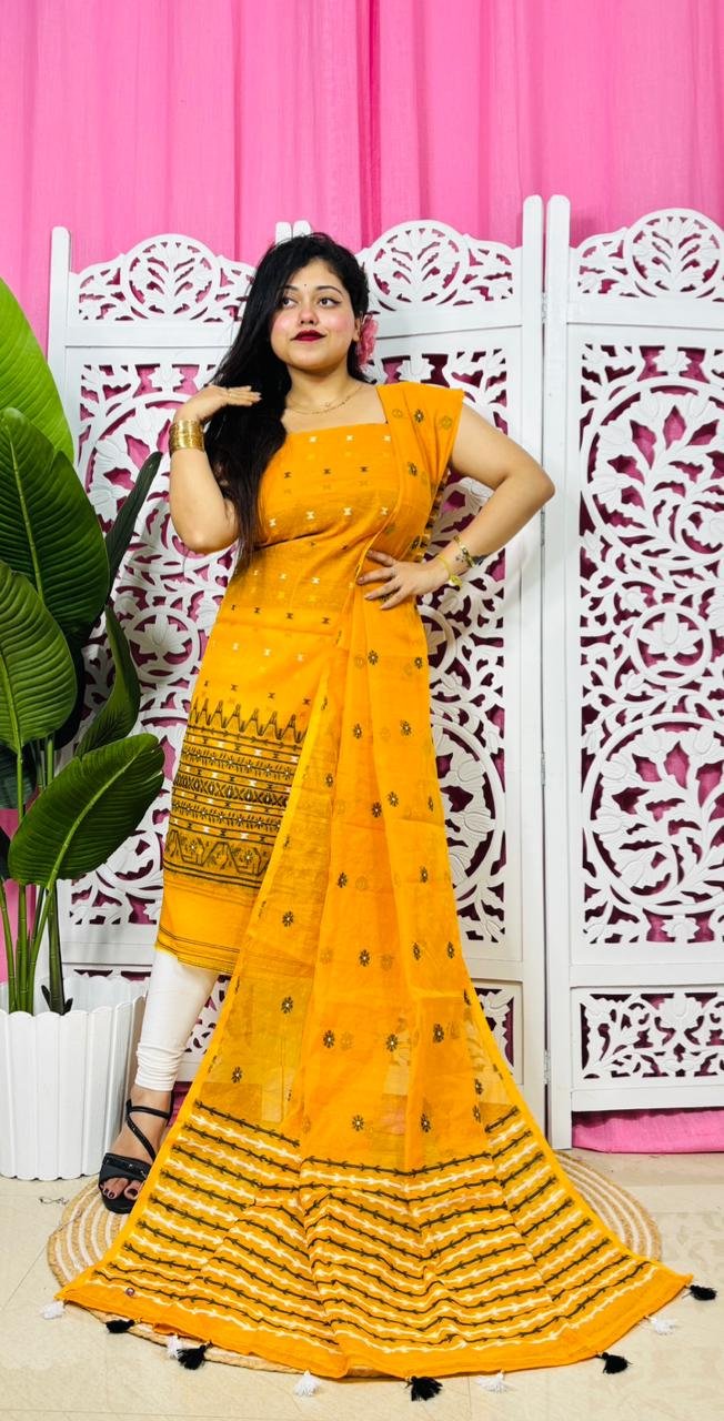 Flower Buti Deep Yellow Unstitched 2 Piece Jamdani Suit Set