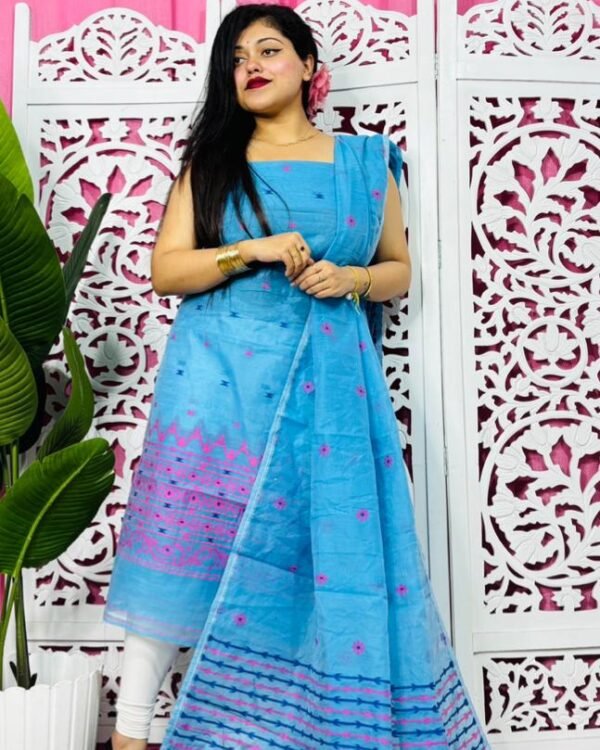 Flower Buti Sky Blue Pink Unstitched 2 Piece Jamdani Suit Set
