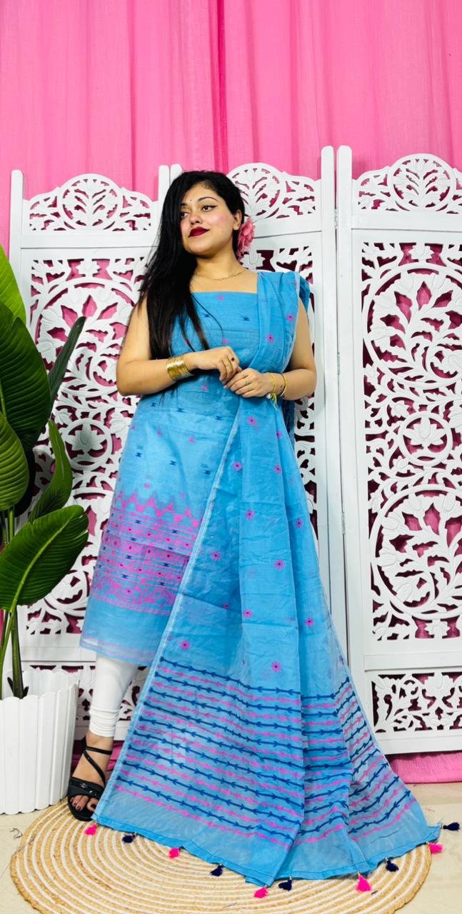 Flower Buti Sky Blue Pink Unstitched 2 Piece Jamdani Suit Set