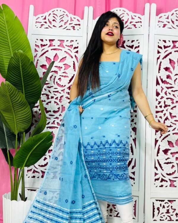 Flower Buti Sky Blue Unstitched 2 Piece Jamdani Suit Set